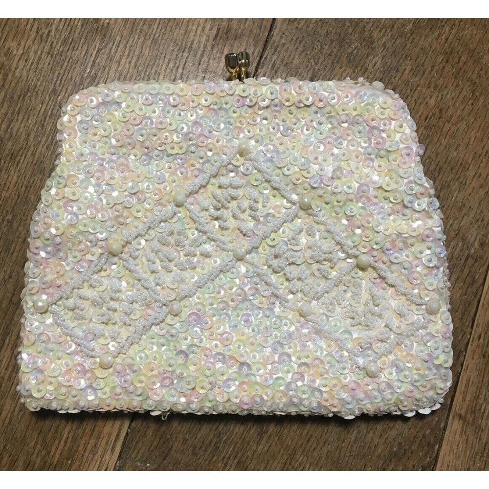 Vintage RICHERE Hand Beaded Clutch Purse Evening Bag Ivory Wedding Formal